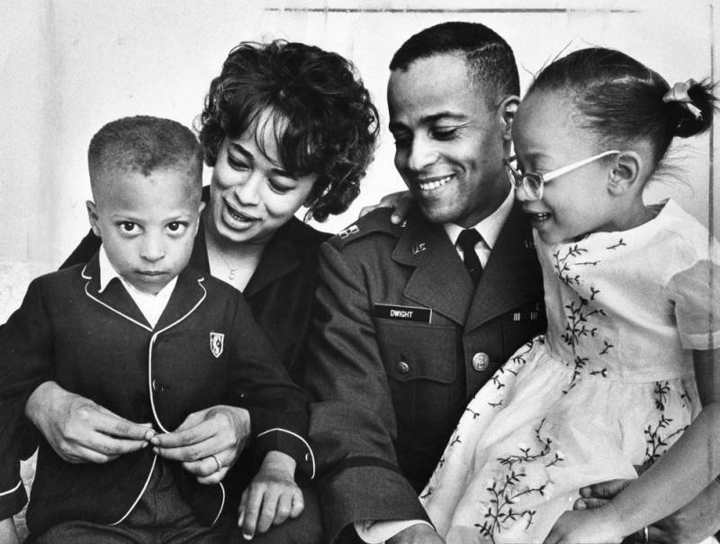 New astronaut poses with wife and children. Left to right, Edward J. III, Mrs. Dwight, Captain Dwight, and Tina Sheree. Photograph by George Brich, Valley Times Collection/Los Angeles Public Library, 1963
